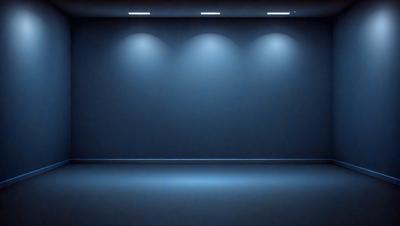 The primary subject of the image is a large, empty room with a blue wall. The setting is a dark room with a blue background, giving it a moody atmosphere. The visual style is a black and white photo, which adds a sense of depth and contrast to the scene. The colors and mood of the image are predominantly dark and dramatic, with the blue wall serving as a focal point.