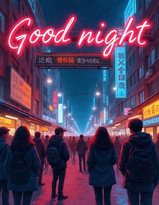 The image is a digital art piece featuring a group of people walking down a city street at night. The street is illuminated by neon lights, creating a vibrant and lively atmosphere. The people are walking in various directions, and some are carrying backpacks. The primary subject of the image is the group of people, and the setting is a city street at night. The visual style is digital art, and the colors and mood are vibrant and energetic.