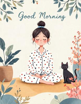 The primary subject of the image is a woman sitting on the ground, wearing a polka dot pajama set. She is smiling and appears to be enjoying her time. The setting is an outdoor environment, with a potted plant and a cat nearby. The visual style is a combination of digital art and illustration, creating a warm and inviting atmosphere. The colors are predominantly pastel shades, which contribute to the overall mood of the image.