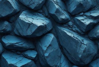 The primary subject of the image is a large blue rock wall. The setting is a rocky environment, and the visual style appears to be a digital art or illustration. The dominant colors in the image are blue and grey, creating a cool and moody atmosphere.