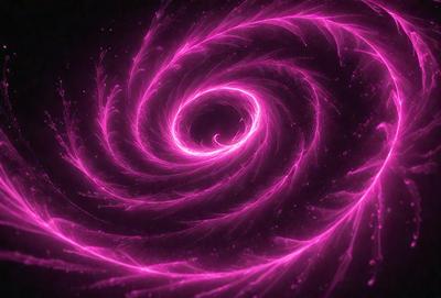 The primary subject of the image is a large, pink, swirling spiral. The setting is a dark background, which contrasts with the bright pink color of the spiral. The visual style appears to be a digital art or illustration, as the spiral is depicted in a detailed and intricate manner. The dominant colors are pink and purple, creating a vibrant and lively atmosphere.