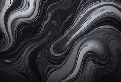 The primary subject of the image is a black and white pattern, which appears to be a close-up of a marbled surface. The setting is a dark background, which contrasts with the pattern. The visual style is a combination of a photo and a digital art, as it captures the intricate details of the marbled surface. The colors and mood of the image are predominantly dark, with the black and white pattern creating a sense of depth and complexity.