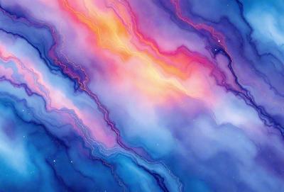 The primary subject of the image is a vibrant, colorful, and abstract artwork featuring a purple and blue background. The setting is a space-like environment, with a starry background that adds to the artistic and creative atmosphere. The visual style is a combination of digital art and illustration, creating a unique and captivating piece of art. The dominant colors are purple and blue, which evoke a sense of calmness and tranquility, while the starry background adds a touch of wonder and expl