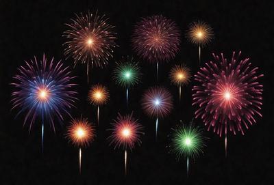 The primary subject of the image is a collection of colorful fireworks, with various colors and shapes. The fireworks are set against a dark background, creating a dramatic and visually striking scene. The visual style of the image is a combination of photo and digital art, as it captures the vibrant colors and intricate patterns of the fireworks. The overall atmosphere of the image is festive and celebratory, with the fireworks representing a joyful and lively event.