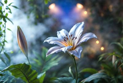 The primary subject of the image is a white flower with yellow pollen, which is the main focus of the scene. The flower is situated in a forest setting, surrounded by green leaves and a blue background. The visual style of the image is a photo, capturing the beauty of the flower in its natural environment. The dominant colors in the image are white and yellow, creating a sense of freshness and vitality.