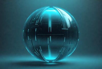 The primary subject of the image is a large, blue, glass-like sphere. The setting is a dark background, which contrasts with the bright blue color of the sphere. The visual style is a combination of digital art and illustration, creating a futuristic and intriguing appearance. The colors and mood of the image are predominantly blue, giving it a calm and serene atmosphere.