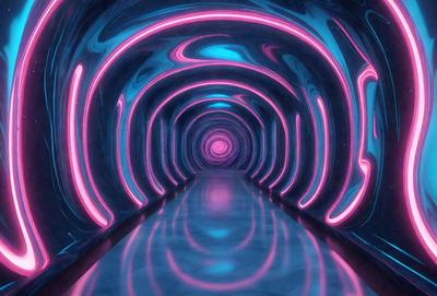 The primary subject of the image is a long, narrow, and brightly lit tunnel with a blue and pink color scheme. The tunnel appears to be a futuristic, high-tech environment. The setting is a tunnel with a blue and pink lighting, and the visual style is a digital art or illustration. The colors and mood of the image are vibrant and energetic, creating a sense of excitement and movement.