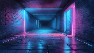 The primary subject of the image is a long, narrow, and dark tunnel with a blue light illuminating it. The setting is a brick wall, and the visual style appears to be a digital art or illustration. The dominant colors are blue and purple, creating a moody and mysterious atmosphere.