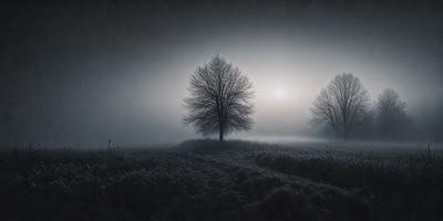 The primary subject of the image is a pair of trees standing in a snowy field. The setting is a foggy, snowy landscape, creating a serene and somewhat mysterious atmosphere. The visual style is a black and white photo, which adds to the timeless and classic feel of the scene. The dominant colors are shades of gray, white, and black, with the snowy field and foggy sky contributing to the overall mood of the image.