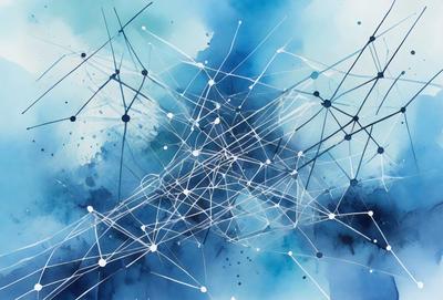 The primary subject of the image is a blue and white painting of a network of lines and shapes. The setting is a blue background, and the visual style appears to be a digital art or illustration. The colors and mood of the painting are predominantly blue and white, creating a sense of calmness and order.