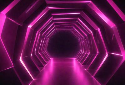 The primary subject of the image is a tunnel-like structure with a pink lighting effect. The setting is a dark room, and the visual style appears to be a combination of a photo and digital art. The dominant colors are pink and purple, creating a warm and inviting atmosphere.