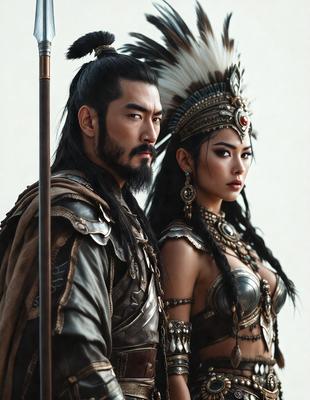The primary subject of the image is a man and a woman, both dressed in costumes and standing next to each other. The man is wearing a hat and a sword, while the woman is wearing a headdress. The setting appears to be a fantasy or historical scene, with the man and woman standing in front of a backdrop that includes a wall and a bench. The visual style of the image is a combination of photo and digital art, creating a unique and intriguing atmosphere. The colors and mood of the