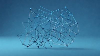 The primary subject of the image is a blue, three-dimensional structure made of interconnected lines. The setting is a blue background, which provides a contrasting and visually appealing environment for the structure. The visual style of the image is a combination of digital art and illustration, creating a unique and intricate design. The dominant colors in the image are blue and silver, giving the structure a modern and sleek appearance.