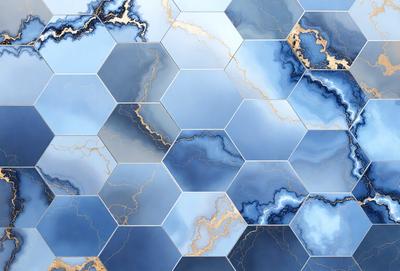 The primary subject of the image is a blue and white hexagonal pattern. The setting is a blue and white hexagonal surface, which could be a wall, a floor, or a piece of art. The visual style is a combination of digital art and illustration, creating a unique and eye-catching design. The dominant colors are blue and white, giving the image a calm and soothing atmosphere.