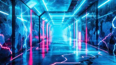 The primary subject of the image is a long, narrow hallway with a blue lighting effect. The setting is a futuristic, neon-lit environment, which gives the scene a unique and visually striking appearance. The visual style is a combination of digital art and illustration, creating a surreal and immersive atmosphere. The dominant colors are blue and pink, which contribute to the overall mood of the scene.