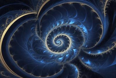 The primary subject of the image is a spiral pattern, which is the main object, scene, or focus of the image. The setting or background features a blue and gold color scheme, giving the image a vibrant and lively atmosphere. The visual style of the image is a combination of digital art and illustration, creating a unique and eye-catching design. The colors and mood of the image are predominantly blue and gold, with a sense of movement and energy conveyed through the spiral pattern.