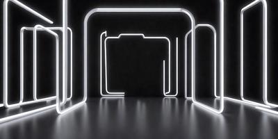 The primary subject of the image is a series of illuminated, glowing cameras. These cameras are arranged in a row, with each camera having a unique shape and design. The setting is a dark room, which provides a contrasting background for the glowing cameras. The visual style of the image is a combination of digital art and photography, creating a striking and eye-catching display. The colors and mood of the image are predominantly dark and moody, with the glowing cameras