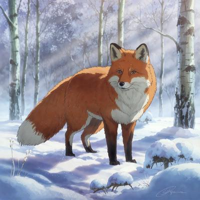 The primary subject of the image is a red fox standing in a snowy forest. The setting is a snow-covered landscape with trees in the background. The visual style is an illustration or digital art, creating a vibrant and lively atmosphere. The dominant colors are red and white, with the red fox being the focal point of the scene.