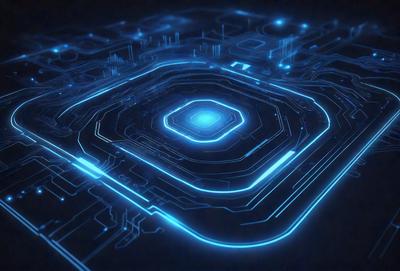 The primary subject of the image is a blue, computer-generated, three-dimensional design. The setting is a dark background, which contrasts with the bright blue design. The visual style is digital art, as the design appears to be a computer-generated pattern. The colors and mood of the image are predominantly blue, creating a calm and futuristic atmosphere.