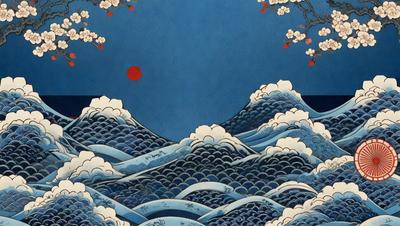 The primary subject of the image is a large wave with a red sun in the background. The setting is a blue sky, and the visual style appears to be a combination of a painting and a digital artwork. The dominant colors are blue and red, creating a vibrant and dynamic atmosphere.