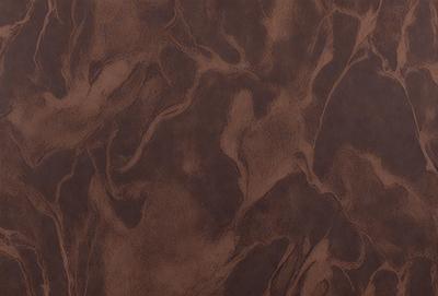 The primary subject of the image is a brown leather wallpaper with a pattern of swirls and curves. The setting is a wall, and the visual style is a close-up of the wallpaper. The colors and mood of the image are warm and earthy, with the brown leather creating a rich and textured appearance.