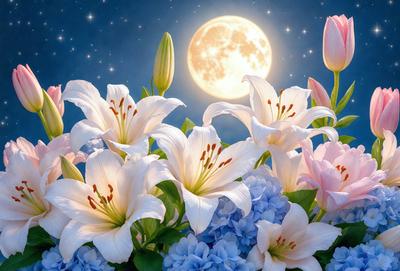 The primary subject of the image is a bouquet of white and blue flowers, with a moon in the background. The flowers are arranged in a vase, creating a beautiful and serene scene. The setting is a nighttime sky, with the moon illuminating the flowers and the background. The visual style is a combination of photo and digital art, creating a realistic yet artistic representation of the flowers and the moon. The colors and mood of the image are predominantly blue and white, with a touch of pink,