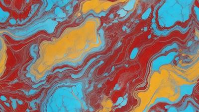 The primary subject of the image is a close-up of a marbled surface, which appears to be a combination of red, yellow, and blue colors. The setting is a rocky, textured surface, possibly a piece of marble or a similar material. The visual style of the image is a close-up, which emphasizes the intricate patterns and textures of the marbled surface. The colors and mood of the image are vibrant and dynamic, with the red, yellow, and blue hues creating a sense