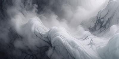 The primary subject of the image is a white, flowing, and swirling mass of smoke or mist. The setting is a dark, cloudy sky, which adds to the dramatic atmosphere of the scene. The visual style is a combination of photo and digital art, creating a surreal and dreamy effect. The colors are predominantly white, with some grays and blacks, giving the image a moody and mysterious mood.