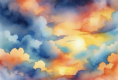 The primary subject of the image is a beautiful sunset with a cloudy sky. The setting is a cloudy sky, and the visual style is a watercolor painting. The colors and mood of the painting are warm and serene, with the sunset creating a sense of tranquility and peacefulness.