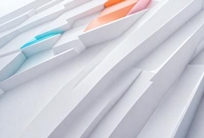 The primary subject of the image is a white wall with a pattern of colored stripes. The setting is a white room, and the visual style appears to be a digital art or illustration. The dominant colors are white and the colored stripes, creating a clean and modern atmosphere.