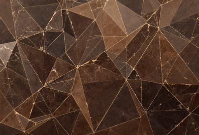 The primary subject of the image is a brown marble tile with a geometric pattern. The setting is a wall, and the visual style is a close-up of the tile. The colors and mood of the image are warm and earthy, with the brown marble tile being the dominant color.