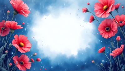 The primary subject of the image is a cloudy blue sky with a few pink flowers scattered throughout. The setting is a rainy day, as evidenced by the rain drops falling from the sky. The visual style is a painting, with the artist using a combination of colors to create a mood of tranquility and beauty. The dominant colors are blue and pink, with the blue sky providing a calm and serene backdrop for the pink flowers.