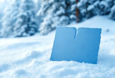 The primary subject of the image is a piece of blue paper, which is sitting in the snow. The setting is a snowy environment, with trees in the background. The visual style is a photo, capturing the paper in its natural surroundings. The colors and mood of the image are predominantly white and cold, as the snow and the blue paper create a serene and wintry atmosphere.