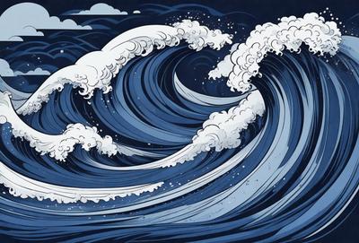 The primary subject of the image is a large wave in the ocean. The wave is depicted in a blue and white color scheme, giving it a vibrant and dynamic appearance. The setting is the ocean, with the wave being the main focus of the scene. The visual style of the image is a combination of digital art and illustration, creating a realistic and detailed representation of the wave. The colors and mood of the image are energetic and captivating, as the wave appears to be crashing and creating a sense
