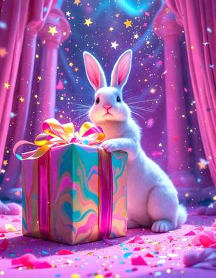 The primary subject of the image is a white rabbit sitting in front of a pink box. The rabbit appears to be holding the box, possibly opening it. The setting is a pink background, which adds a playful and whimsical atmosphere to the scene. The visual style is a combination of photo and digital art, creating a unique and eye-catching image. The dominant colors are pink and white, which contribute to the overall mood of the image.