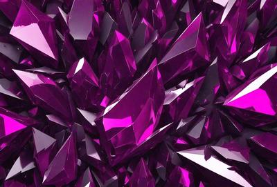 The primary subject of the image is a large, purple crystal structure. The setting is a purple background, which creates a striking contrast with the crystal. The visual style is a digital art or illustration, as the crystal appears to be a 3D model or a digital rendering. The dominant colors are purple and pink, giving the image a vibrant and lively atmosphere.