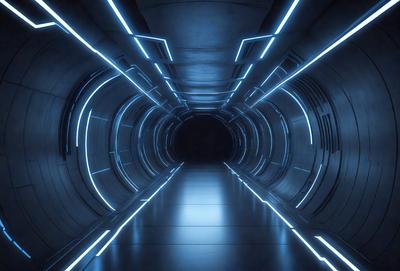 The primary subject of the image is a long, narrow tunnel with a blue light illuminating it. The tunnel appears to be made of concrete and has a futuristic, high-tech atmosphere. The setting is a dark, enclosed space, and the visual style is a combination of a photo and digital art. The dominant colors are blue and black, creating a sense of depth and mystery in the scene.