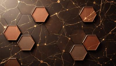 The primary subject of the image is a close-up of a brown hexagonal tile with a gold-like pattern on it. The setting is a wall with a brown background. The visual style is a close-up of a tile, and the colors and mood are warm and earthy.
