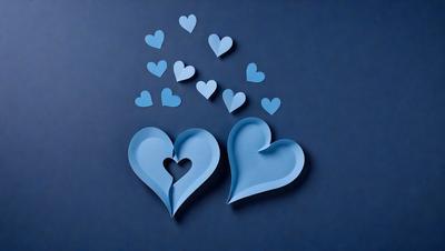 The primary subject of the image is a heart-shaped paper cutout, which is blue in color. The heart is placed on a blue background, creating a visually appealing contrast. The visual style of the image is a combination of digital art and illustration, as the heart is a digital art piece, and the overall atmosphere is one of love and affection.