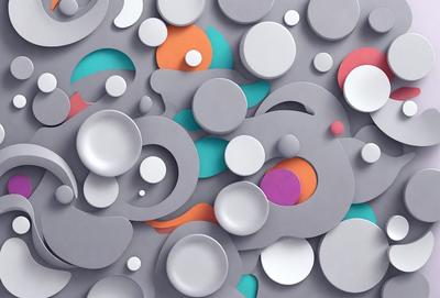 The primary subject of the image is a collection of white and colorful circles, which are arranged in a visually appealing pattern. The setting is a gray background, which provides a clean and modern look to the overall composition. The visual style is a mix of digital art and illustration, creating a unique and eye-catching design. The colors and mood of the image are predominantly white and colorful, giving it a vibrant and lively atmosphere.
