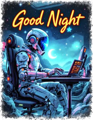 Primary subject: A robot in a space suit sitting at a desk and using a laptop.

Setting/background: The robot is sitting at a desk with a laptop, and there are stars in the background.

Visual style: The image is a digital art or illustration.

Colors and mood: The image has a blue and purple color scheme, giving it a futuristic and calm atmosphere.