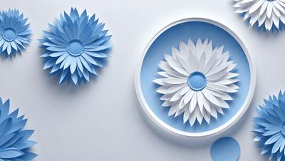 The primary subject of the image is a blue flower, which is the main focus of the scene. The setting is a white wall, and the visual style appears to be a combination of photo and digital art. The dominant colors in the image are blue and white, creating a calm and serene atmosphere.