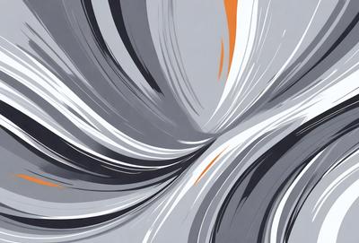 The primary subject of the image is a large, swirling, and colorful pattern. The setting is a gray background, which contrasts with the vibrant colors of the pattern. The visual style appears to be a combination of digital art and illustration, creating a dynamic and eye-catching design. The dominant colors in the image are white, gray, and orange, giving the pattern a lively and energetic atmosphere.