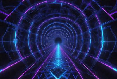 The primary subject of the image is a tunnel-like structure with a purple and blue light show. The tunnel appears to be a part of a futuristic cityscape, and the light show creates a visually striking and immersive atmosphere. The setting is a futuristic environment, and the visual style is a combination of digital art and illustration. The dominant colors in the image are purple and blue, which contribute to the overall mood of the scene.