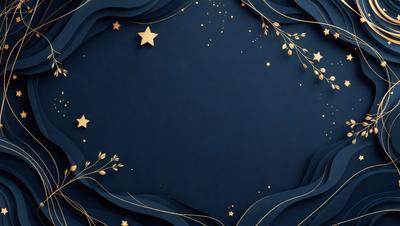 The primary subject of the image is a blue background with a star pattern. The setting is a night sky, and the visual style is a combination of digital art and illustration. The dominant colors are blue and gold, creating a serene and peaceful atmosphere.