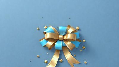 The primary subject of the image is a gold bow with a blue ribbon, which is placed on a blue background. The visual style of the image is a combination of photo and digital art, creating a unique and eye-catching design. The colors and mood of the image are predominantly blue and gold, giving it a warm and inviting atmosphere.