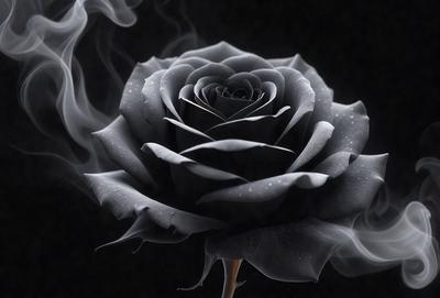 The primary subject of the image is a black rose. The setting is a dark background, which creates a dramatic and moody atmosphere. The visual style is a digital art or illustration, as the rose appears to be a stylized or manipulated image. The dominant colors are black and grey, with the black rose being the focal point of the scene.