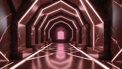 The primary subject of the image is a long, narrow hallway with a pink lighting effect. The hallway is lined with benches on both sides, creating a sense of depth and dimension. The setting is a futuristic, underground environment, with the walls and floor featuring a combination of pink and purple hues. The visual style of the image is a digital art or illustration, with the lighting and colors creating a unique and captivating atmosphere.