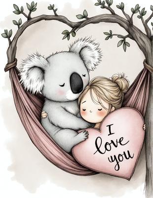 The image features a heart-shaped balloon with a koala bear and a girl inside it. The girl is sleeping, and the koala bear is hugging her. The scene is set in a tree, with the girl and the koala bear sitting in a hammock. The visual style is a combination of digital art and illustration, creating a whimsical and playful atmosphere. The primary subject is the heart-shaped balloon with the girl and the koala bear, while the setting/
