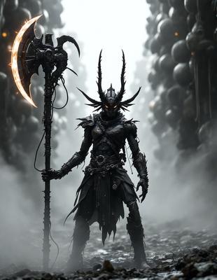 The primary subject of the image is a character dressed in a dark, demonic costume, holding a large, glowing weapon. The setting is a dark, foggy environment, with the character standing in the middle of the scene. The visual style appears to be a digital art or illustration, with the character's costume and the glowing weapon being the main focus of the image. The colors and mood are dark and mysterious, with the foggy environment adding to the overall atmosphere.